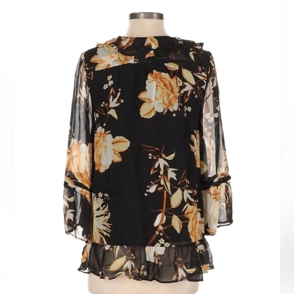 Anthropologie Black Orange Floral Sheer Long Sleeve Pheasant Boho Blouse Size XS - Picture 3 of 3